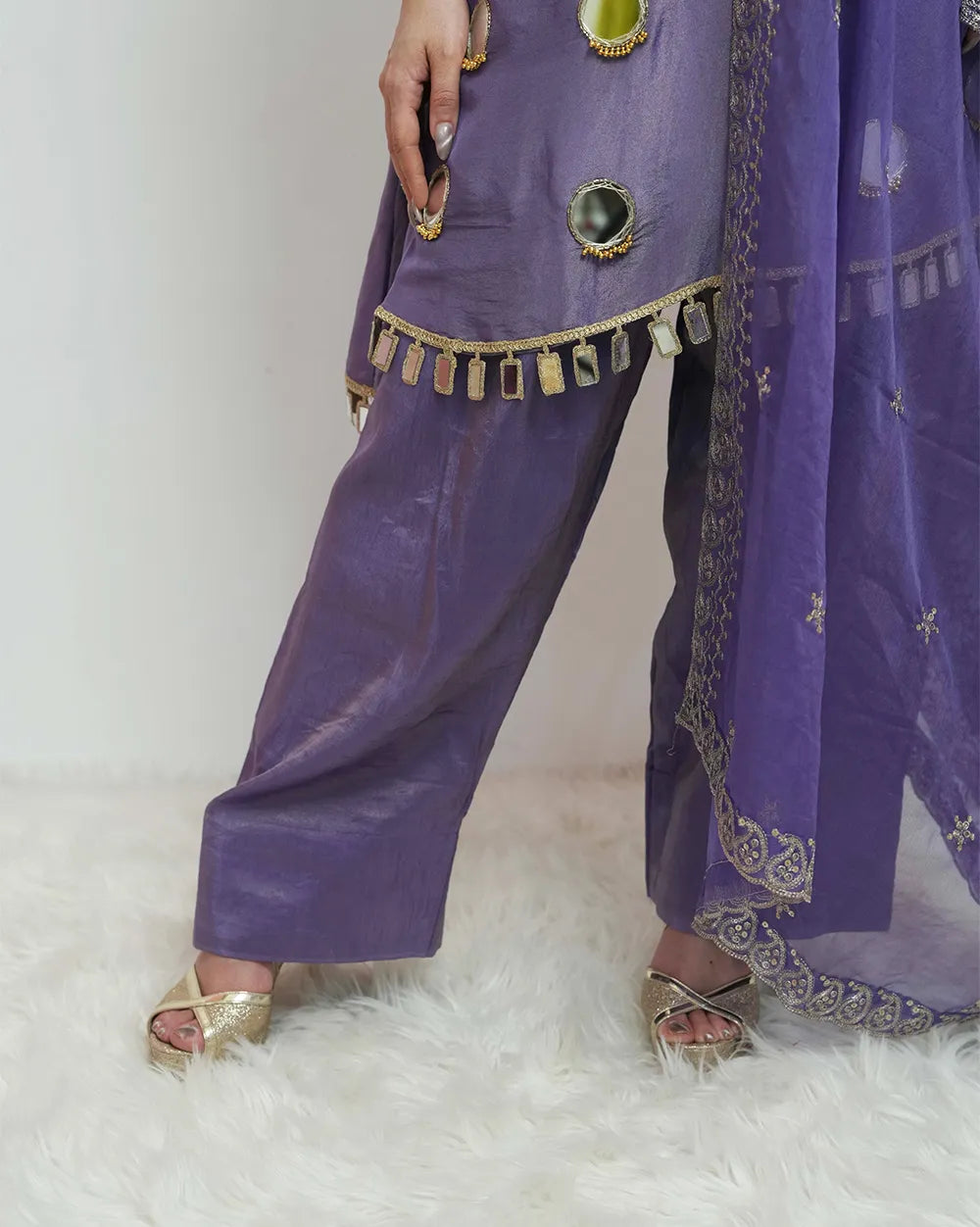 A line short length mirror salwar suit purple
