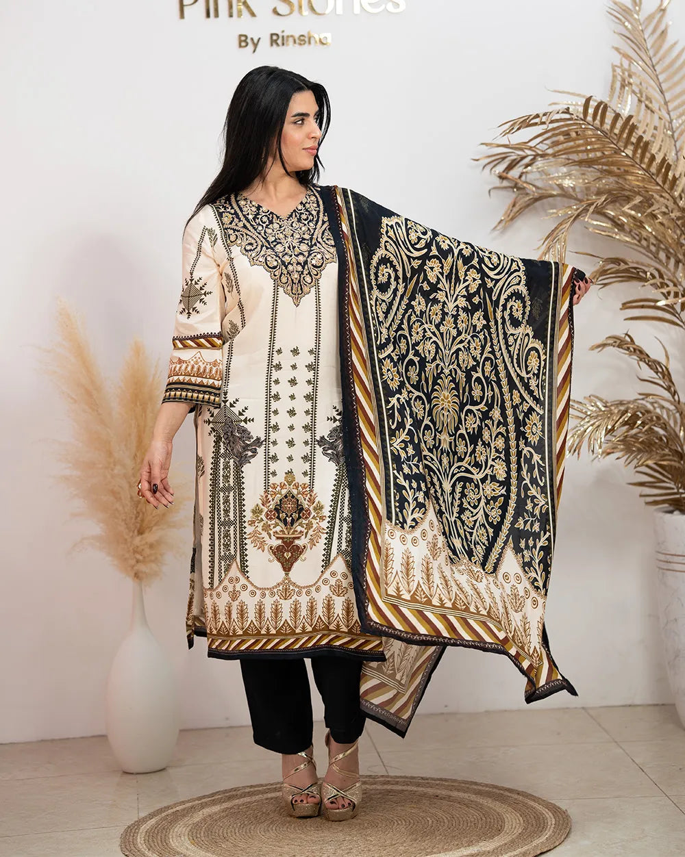 Muslin Silk Printed Salwar Suit - Off White