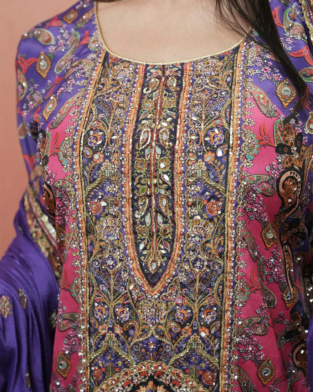 Double shaded heavy worked sharara suit- purple and pink