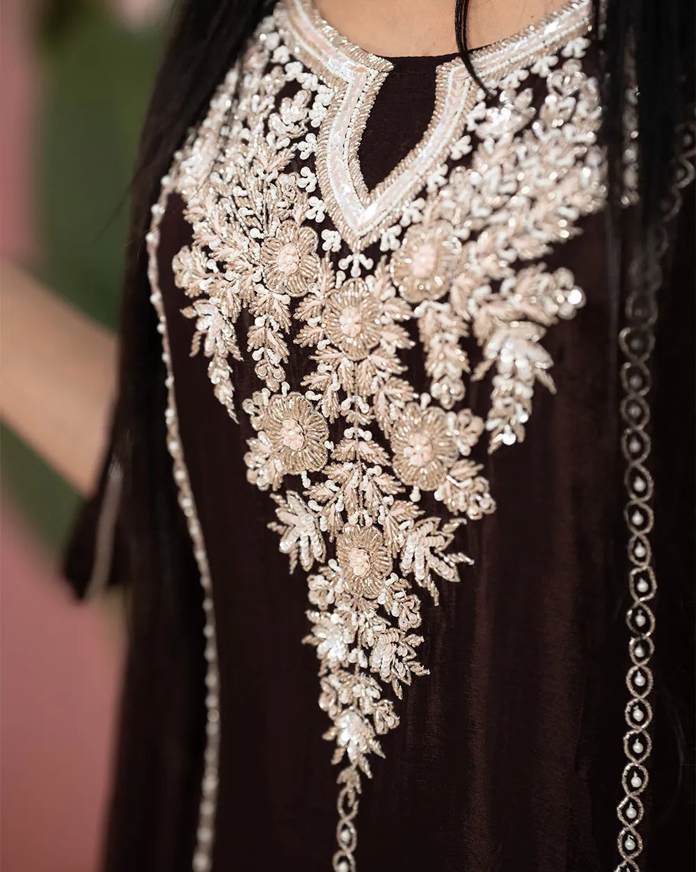 Handworked Chinon Salwar Suit – Dark Brown