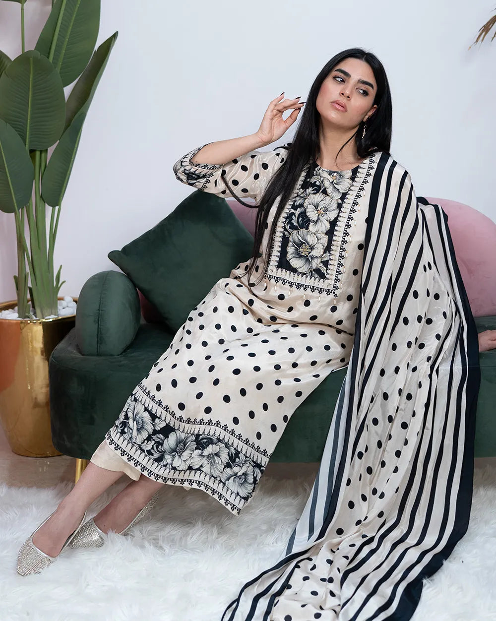 Polka Dot Printed Salwar Suit – Beige