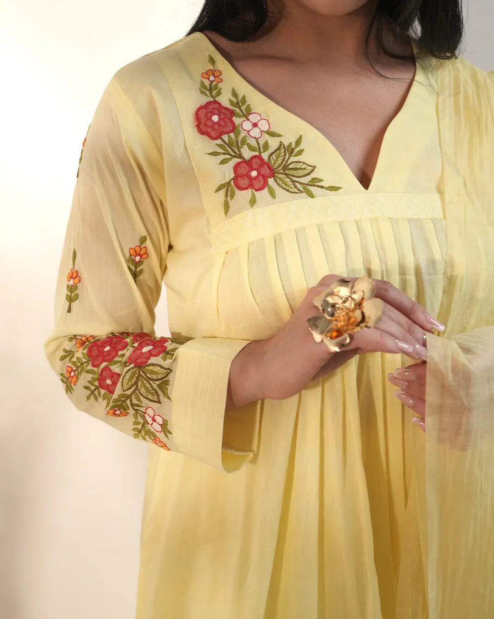 Embroidered 3Pc semi anarkali- pastel yellow