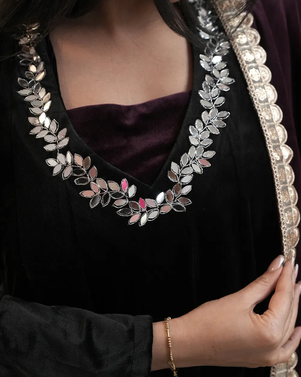 Premium velvet panel cut anarkali with contrast dupatta- black