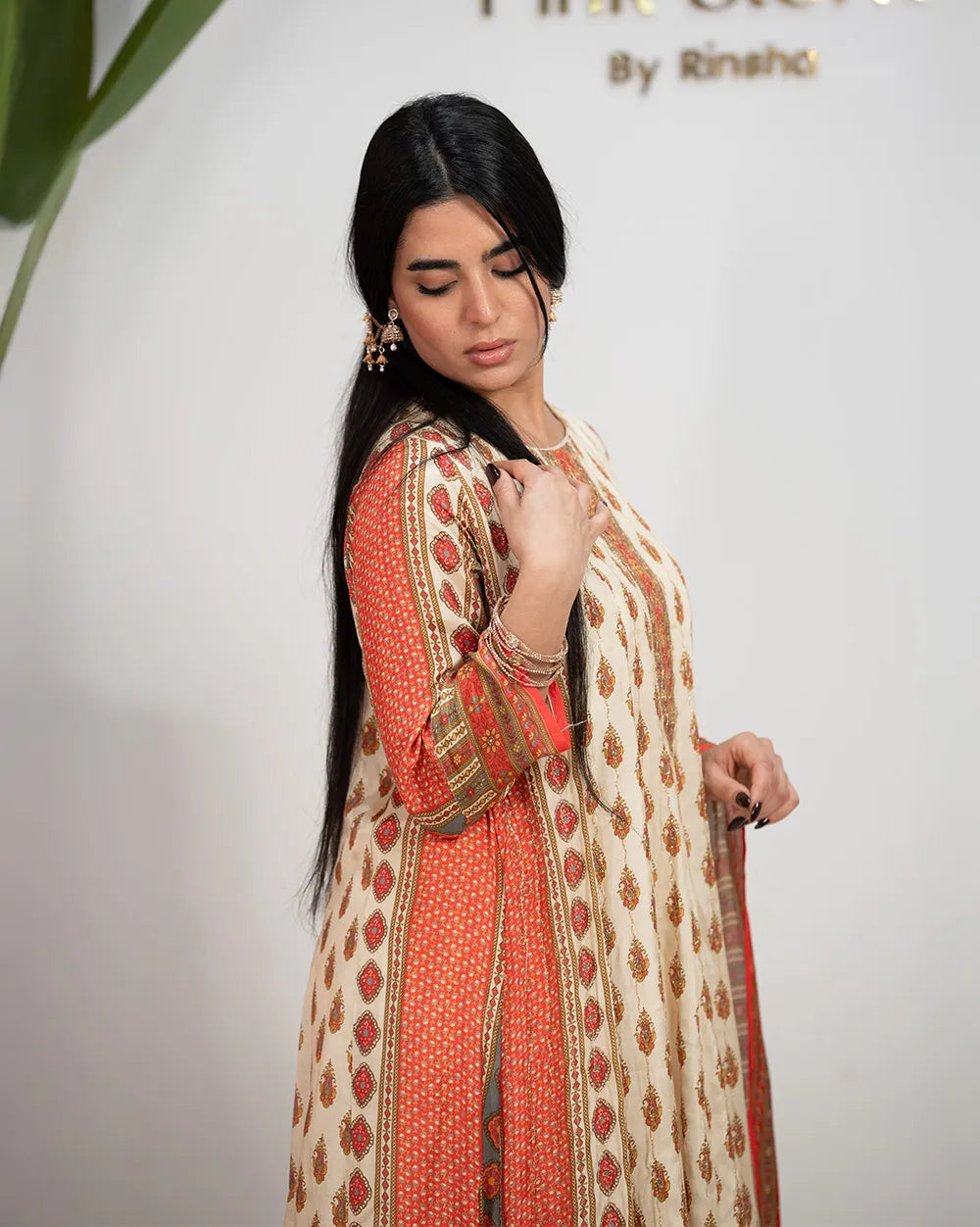 Muslin Silk Printed Panel Cut Anarkali - Cream Shade