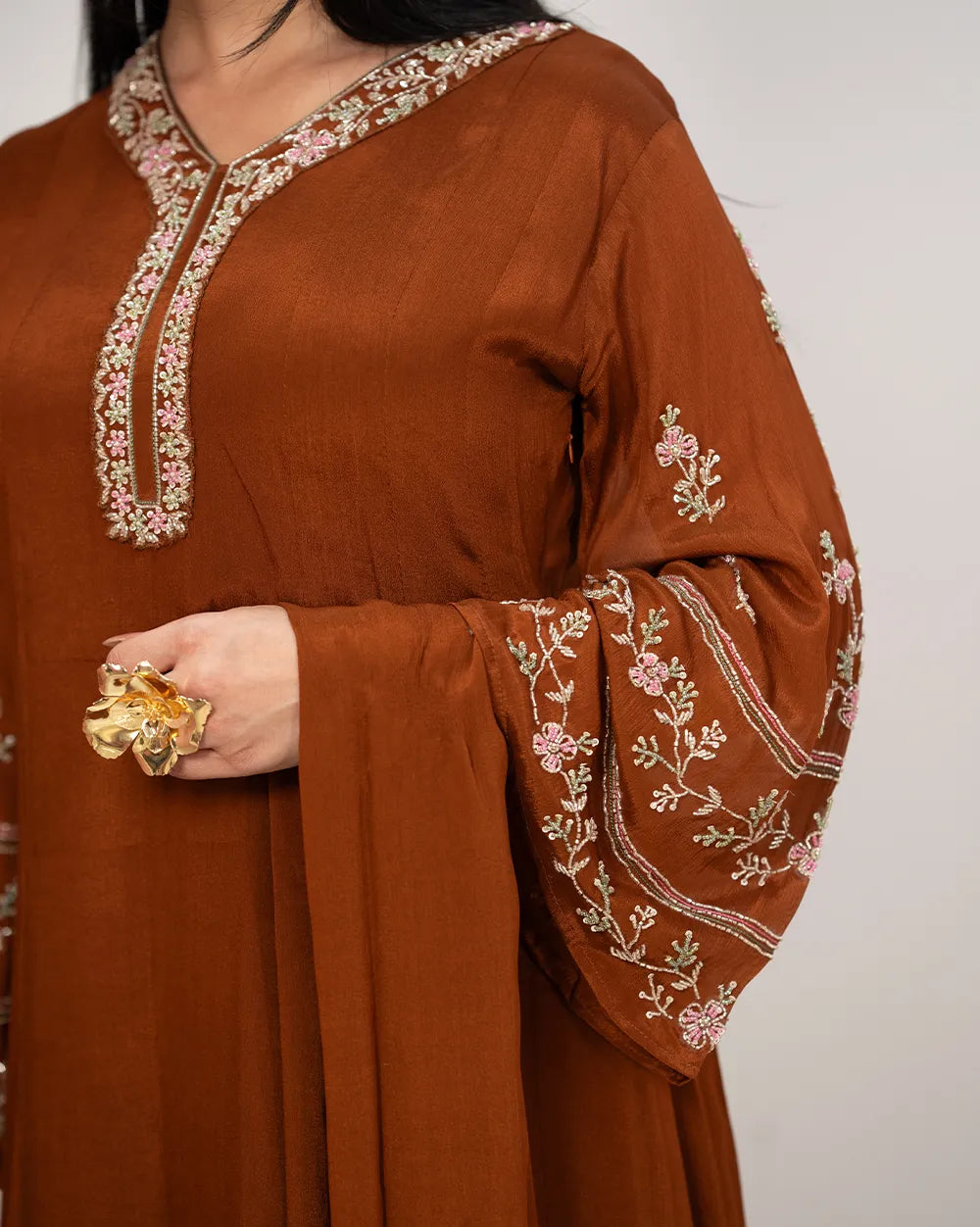 Handworked panel cut anarkali suit-brown