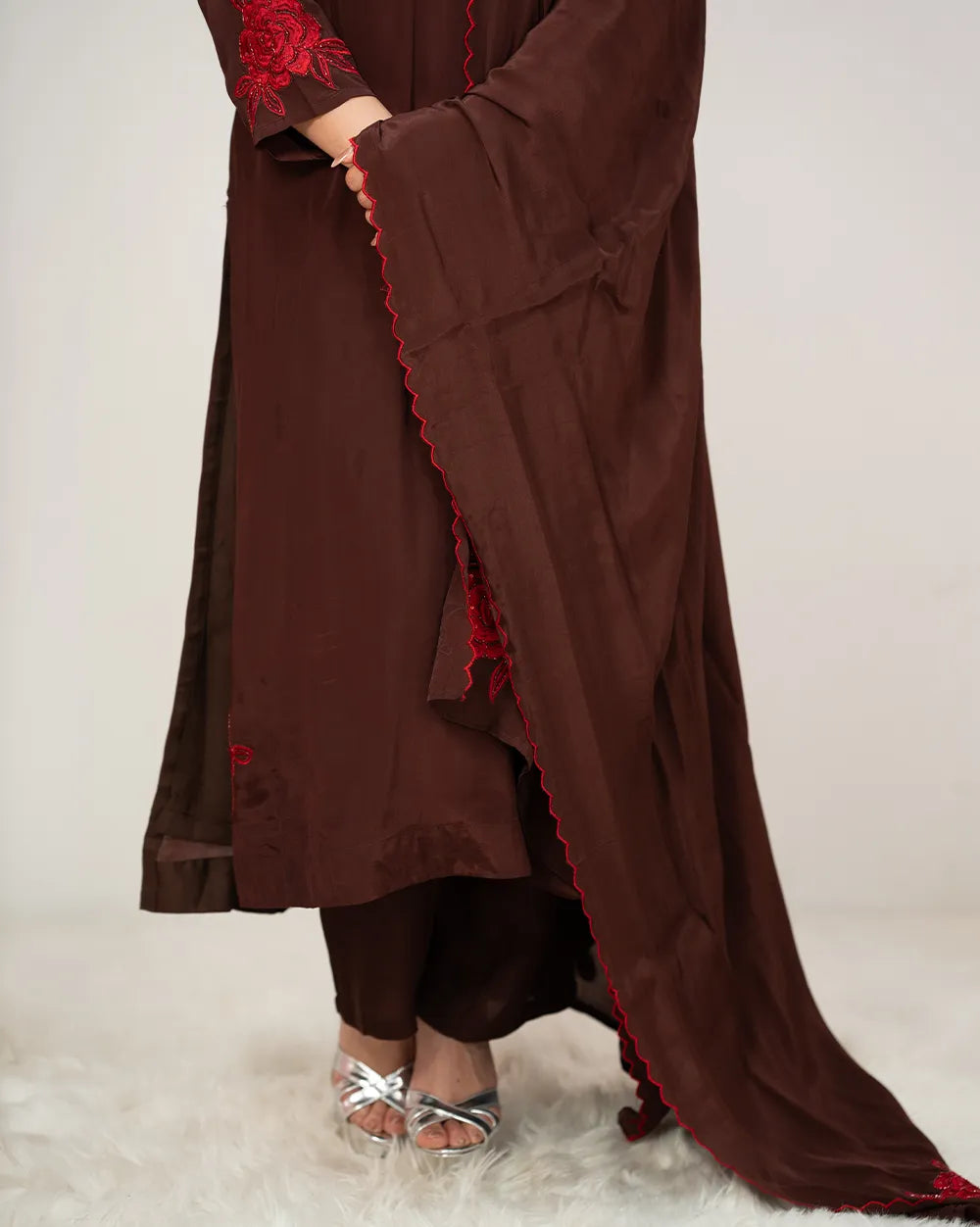 Embroidered A-line salwar suit- dark brown shade