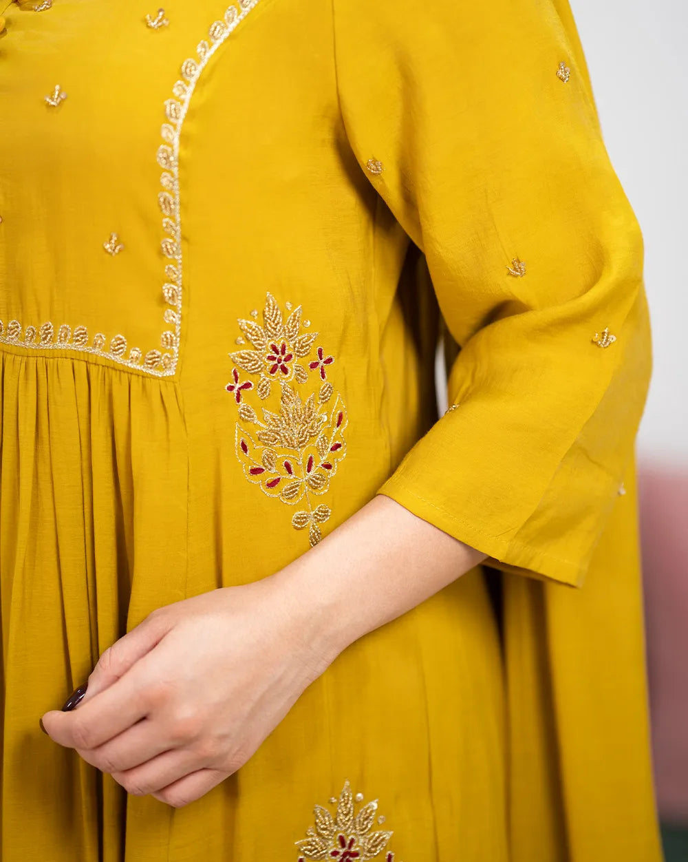 Gathered Paneled Anarkali with Handworks – Mustard Yellow