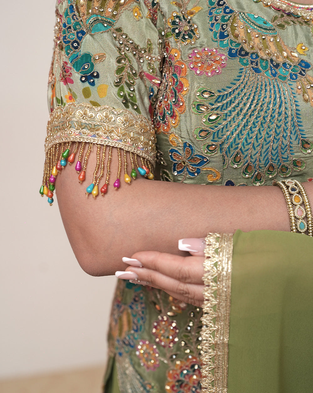 Half sleeve party wear designer sharara suit-olive green