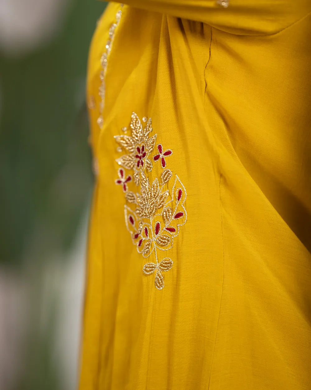 Gathered Paneled Anarkali with Handworks – Mustard Yellow