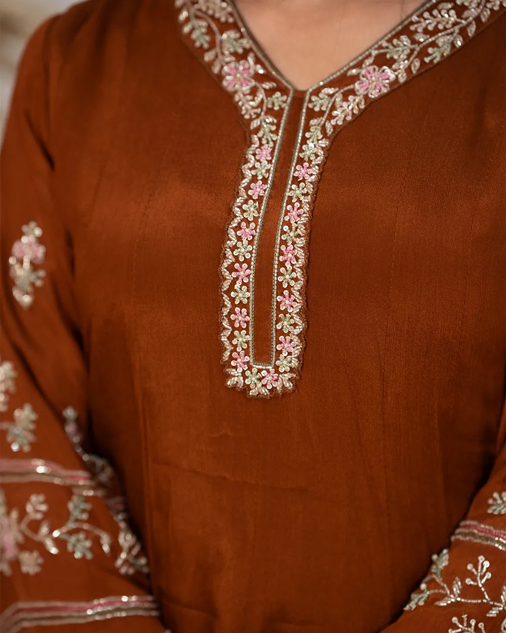 Handworked panel cut anarkali suit-brown