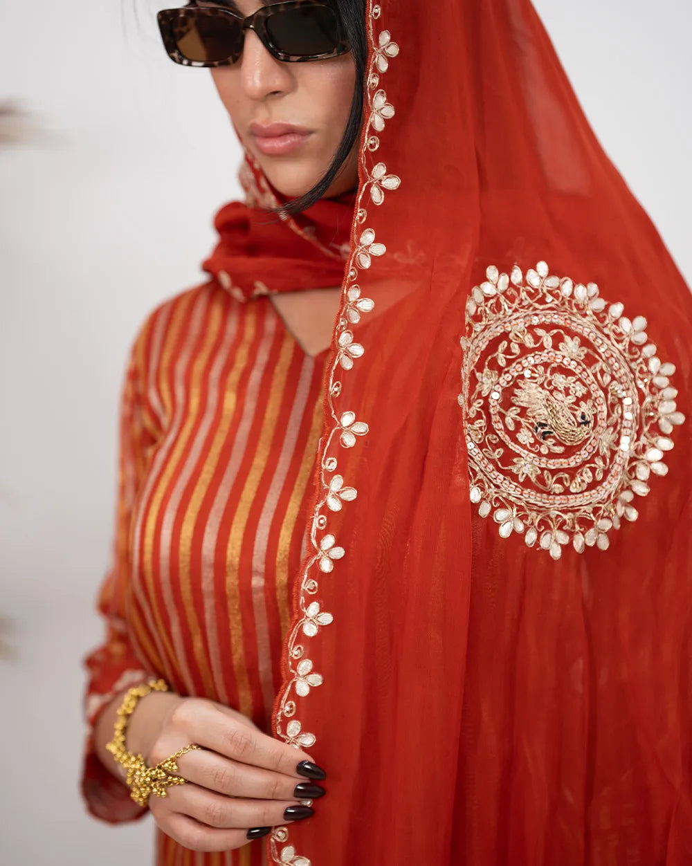 Tissue Striped Salwar Suit – Brick Red