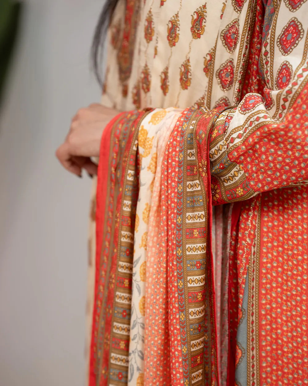 Muslin Silk Printed Panel Cut Anarkali - Cream Shade