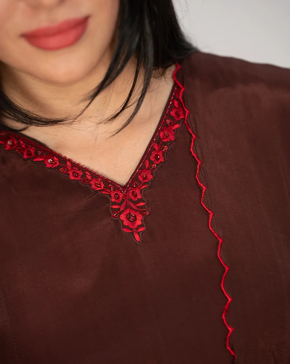 Embroidered A-line salwar suit- dark brown shade