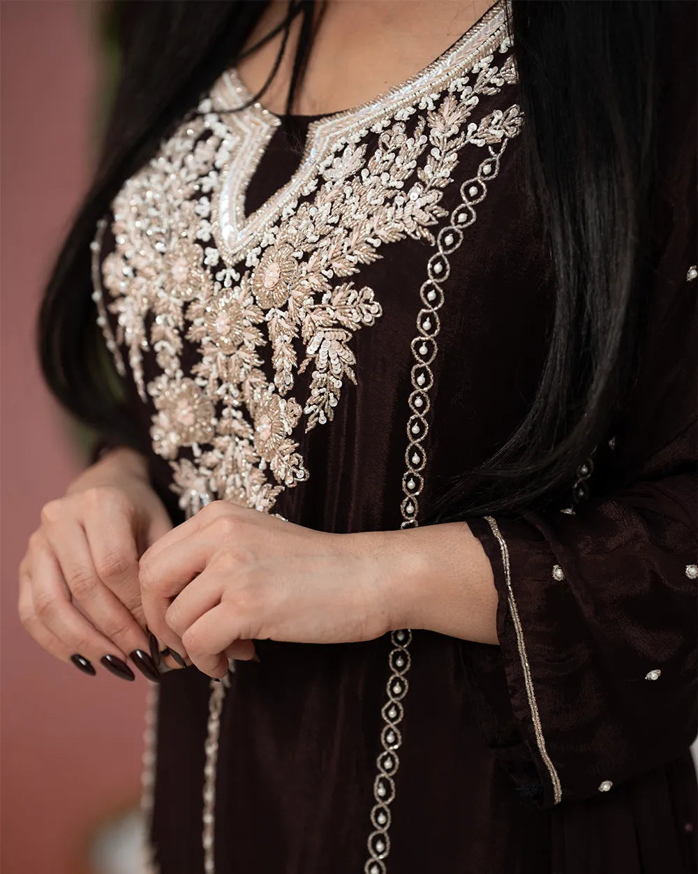 Handworked Chinon Salwar Suit – Dark Brown