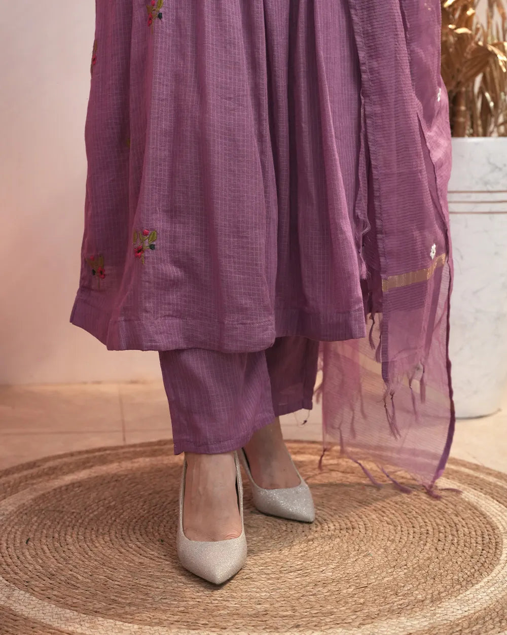 Square neck kota embroidered semi anarkali suit- lilac