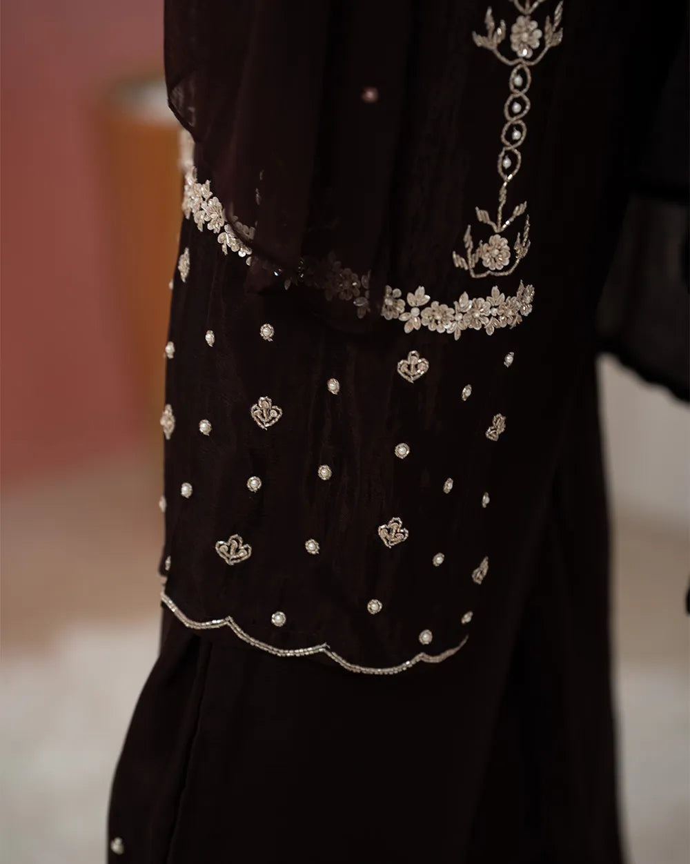 Handworked Chinon Salwar Suit – Dark Brown