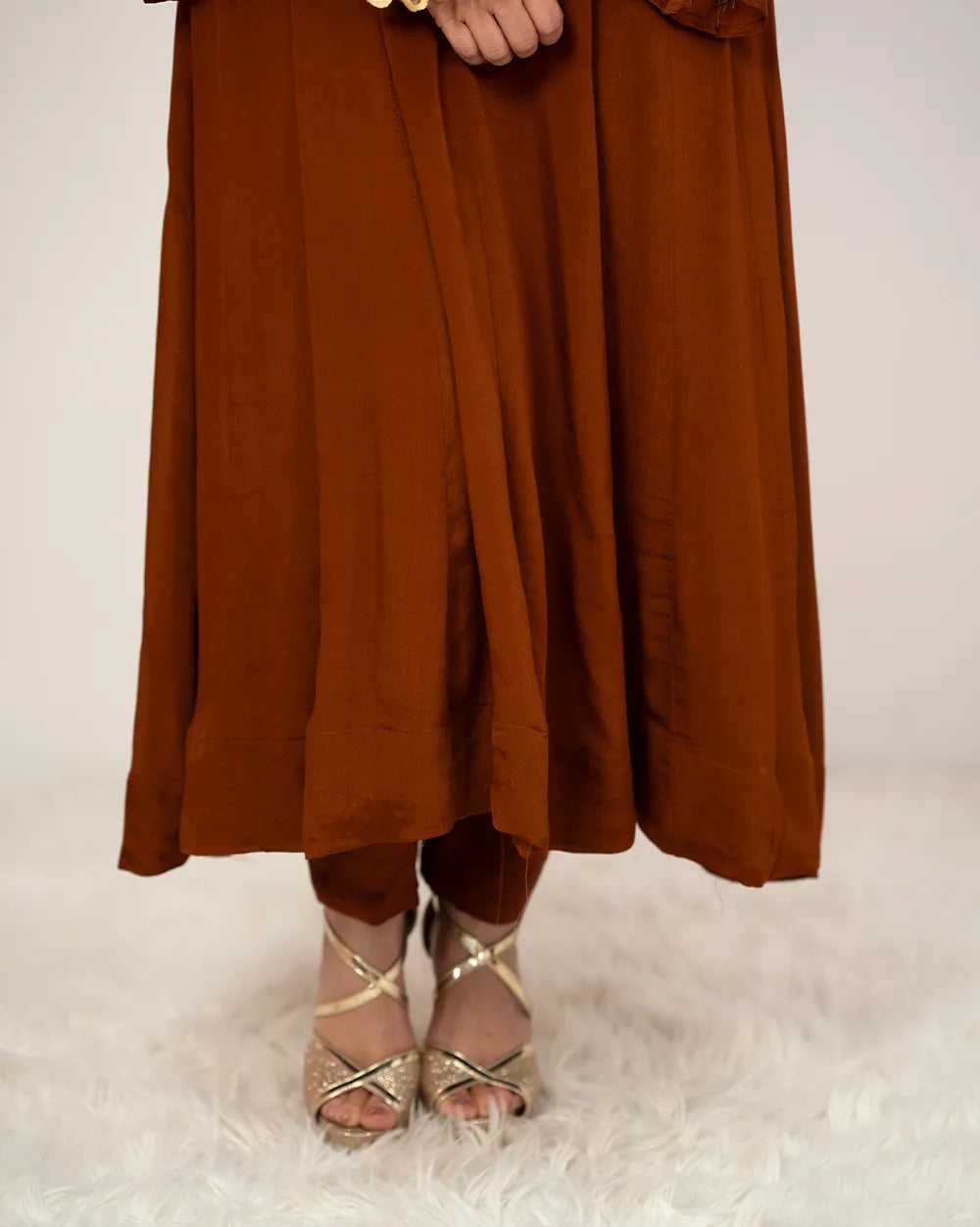 Handworked panel cut anarkali suit-brown