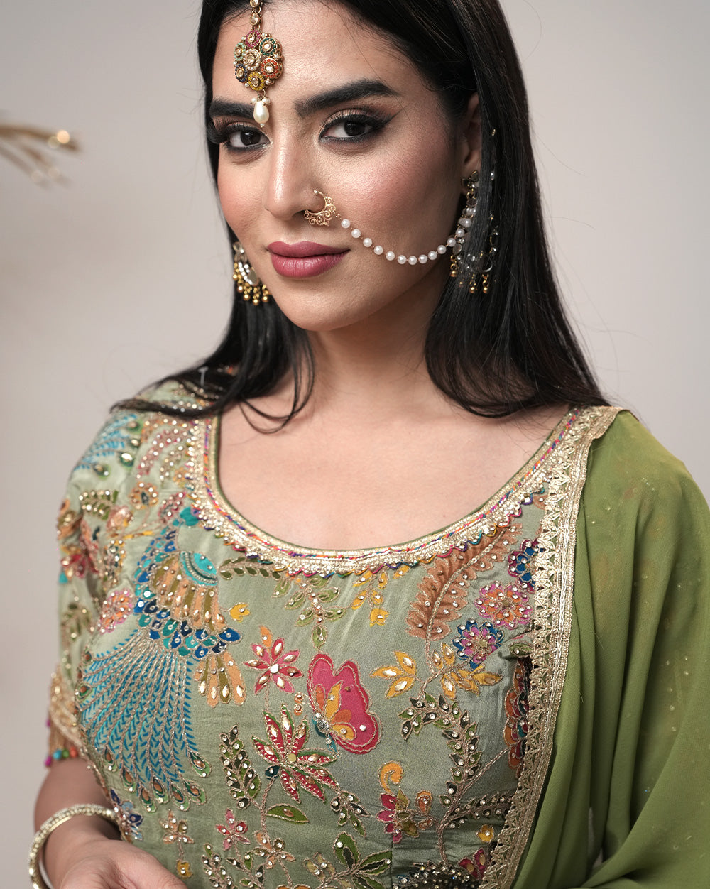 Half sleeve party wear designer sharara suit-olive green