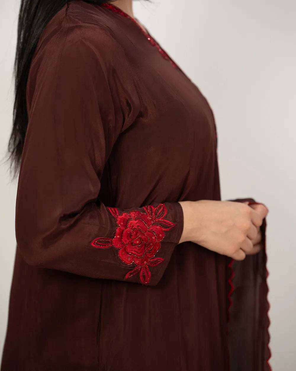 Embroidered A-line salwar suit- dark brown shade