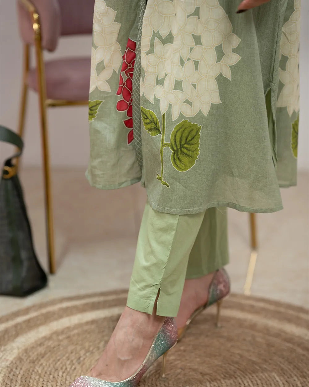 Printed Mul Cotton Co-Ord Set with Knife Pleats – Pale Green