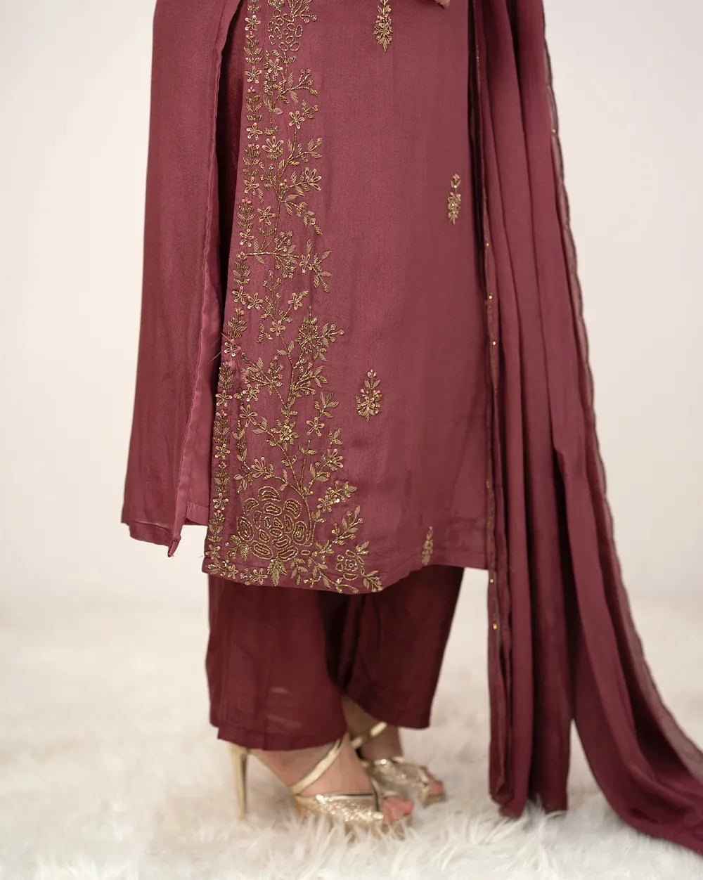 Handworked 3pc salwar suit- wine grey