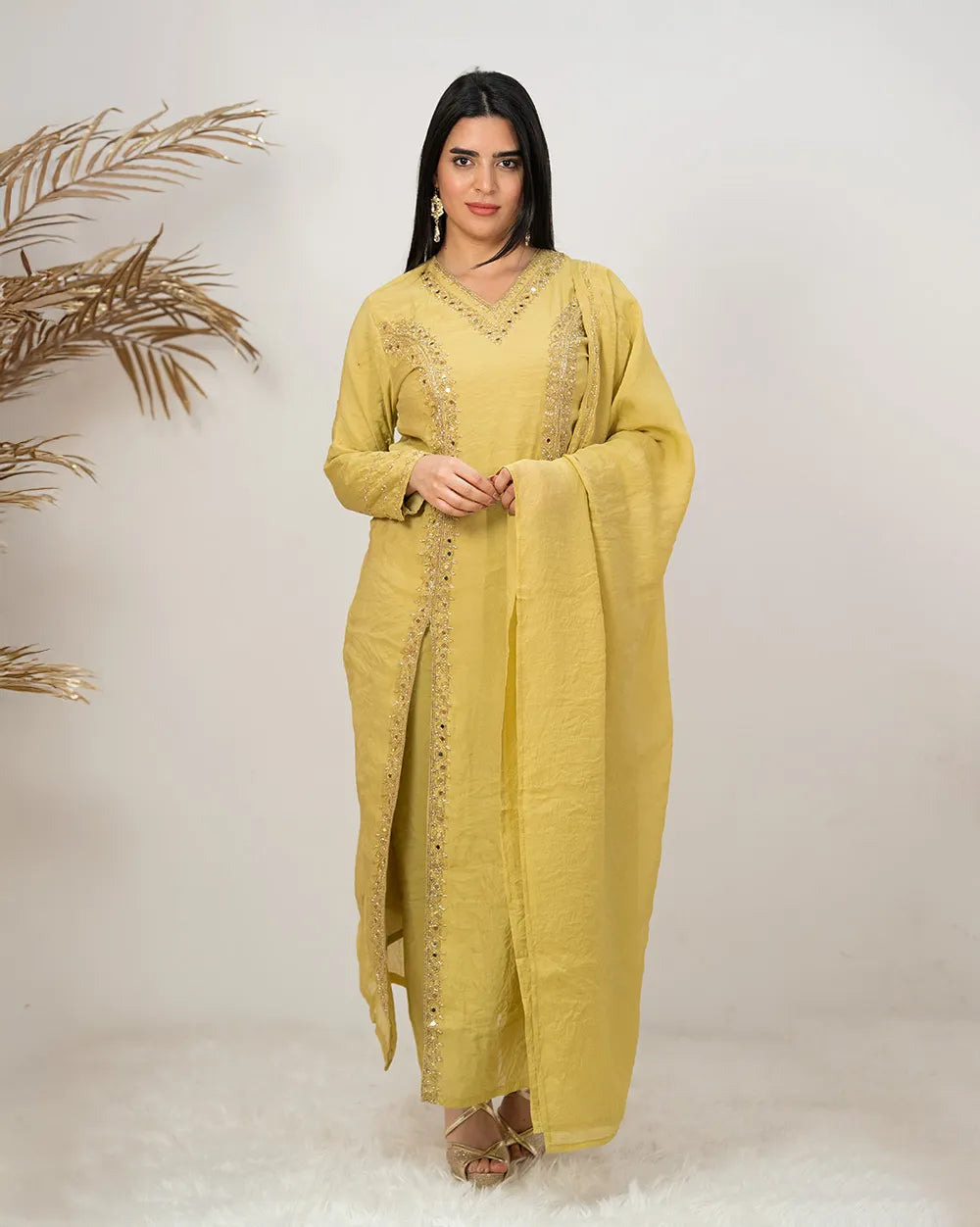 Handworked double slitted suit with mirror- yellow shade