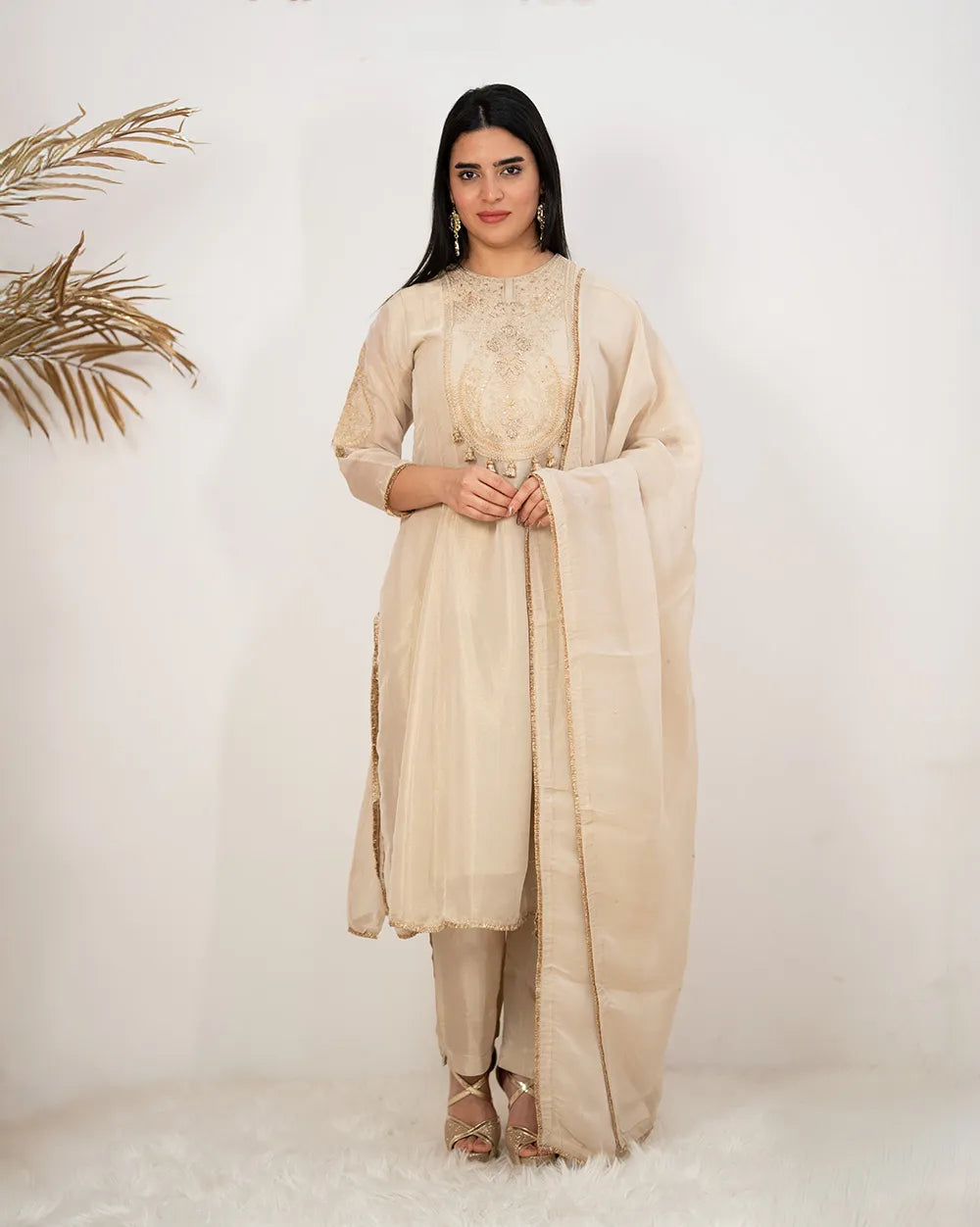Tissue silk panelled salwar suit with embroidery- beige