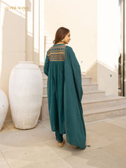 Embroidered 3Pc cotton semi anarkali- dark teal