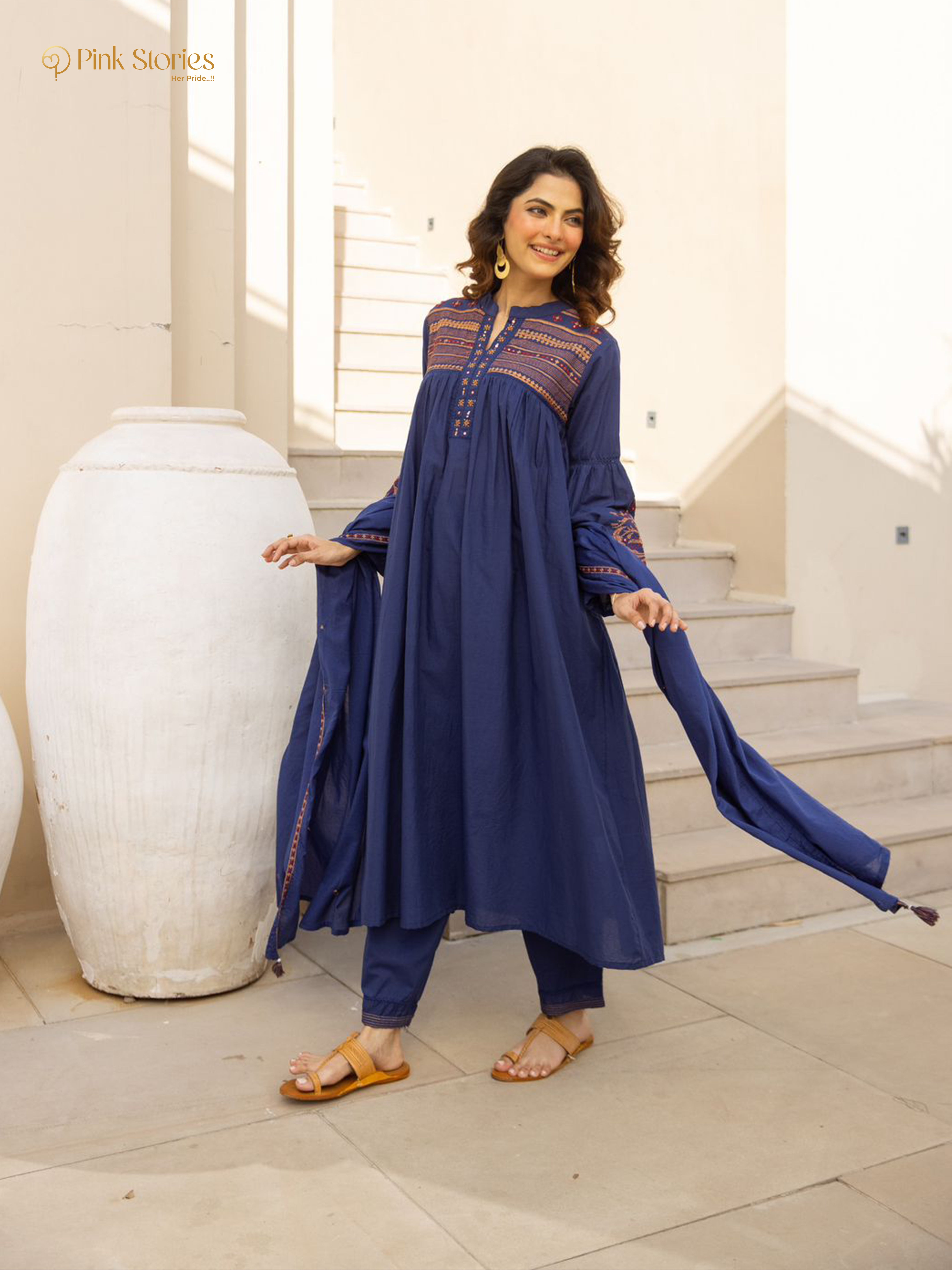 Embroidered 3Pc cotton semi anarkali- royal blue