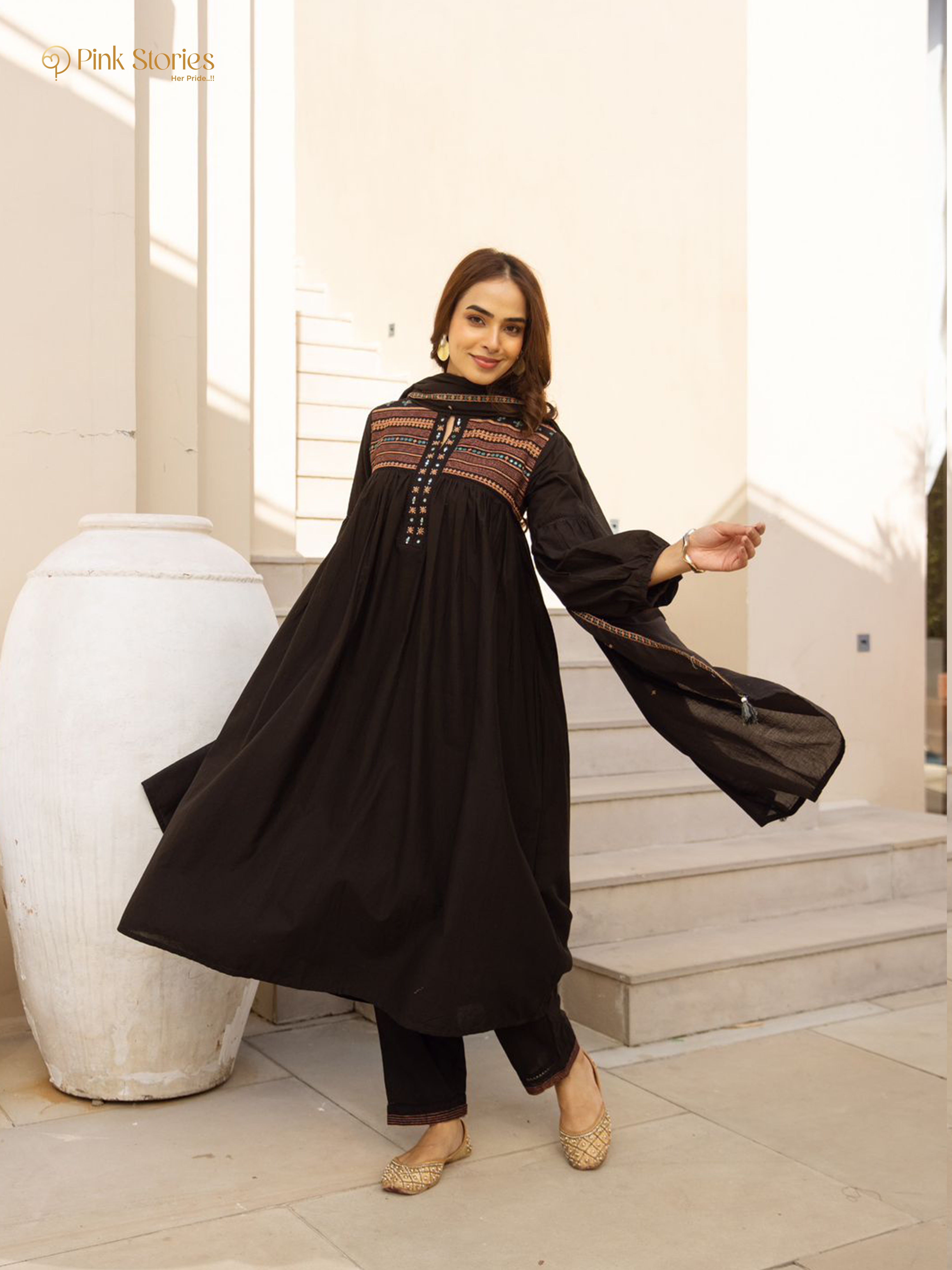 Embroidered 3Pc cotton semi anarkali- black