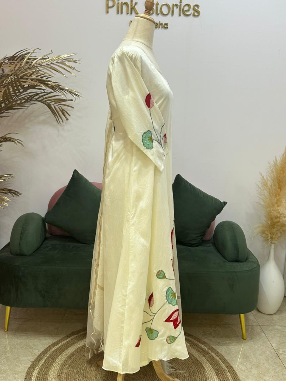 Appliqué work mul chanderi A-line suit- Off White