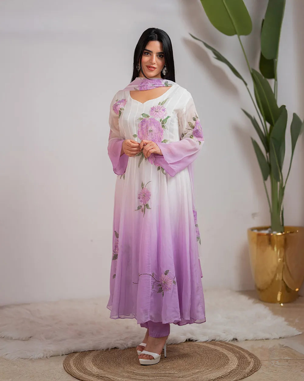Ombre shaded panelcut anarkali- white and lilac