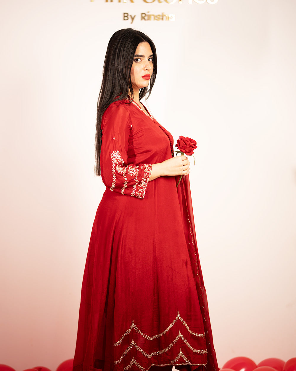 Hand Worked Panel Cut Anarkali - Red