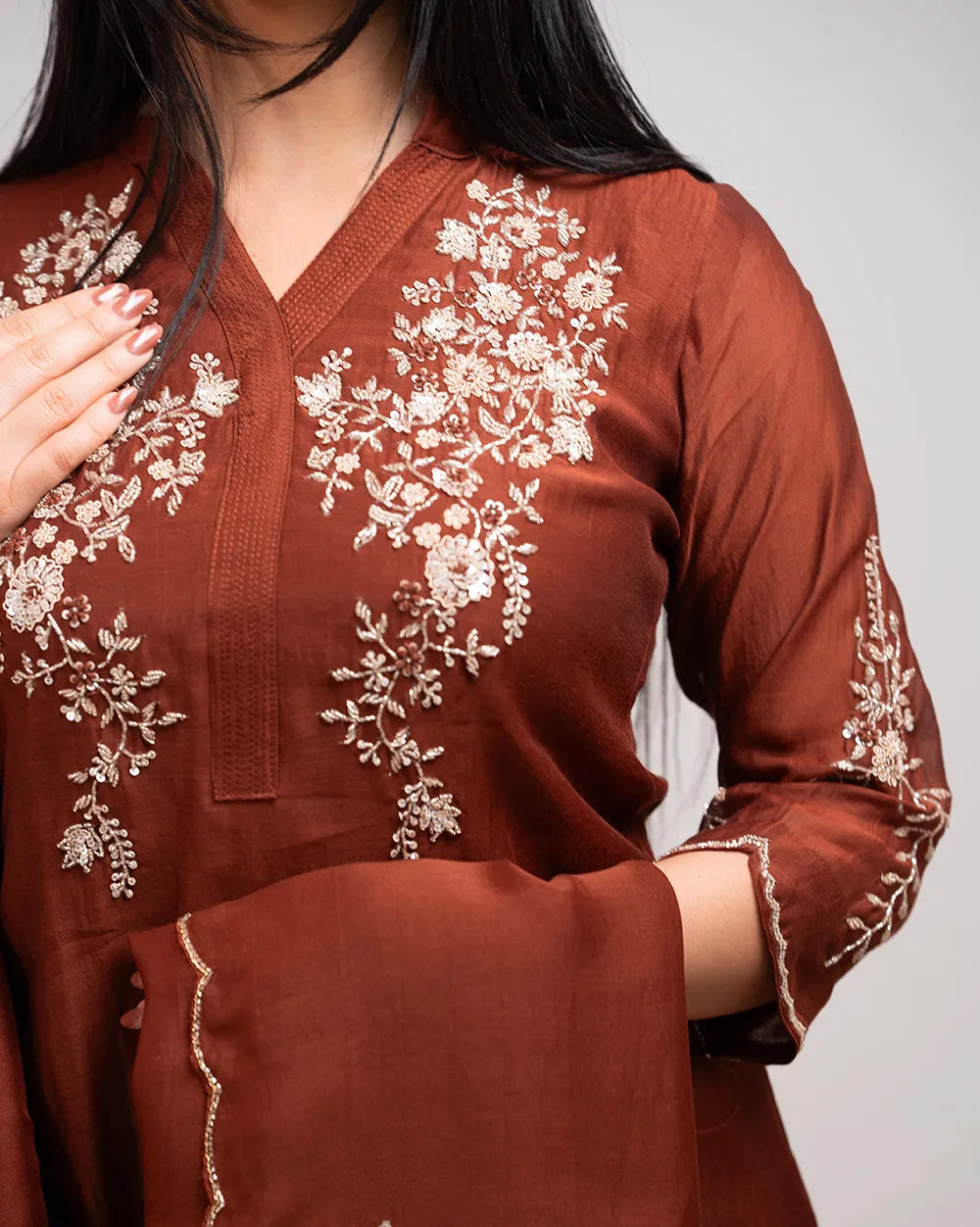 Handworked mul chanderi A-line suit- brown