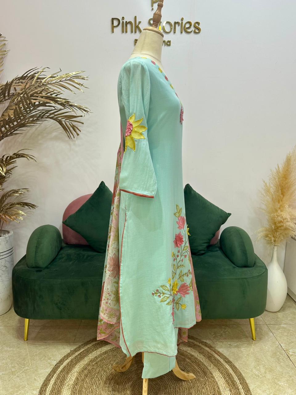 Mul Chanderi Appliqué Work Salwar Suit – Sky Blue