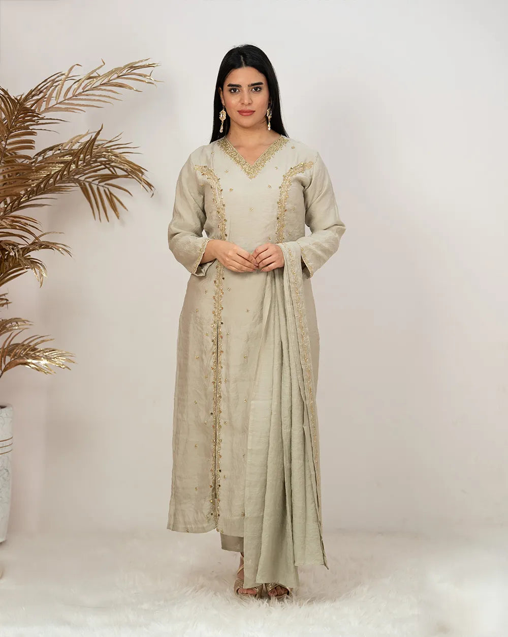 Handworked double slitted suit with mirrors- grey shade