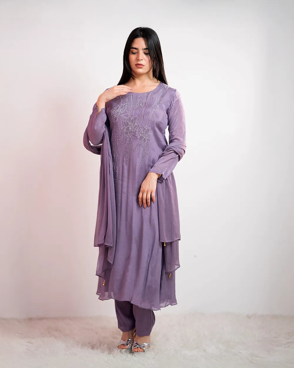 Handworked A-line salwar suit - lavender shade