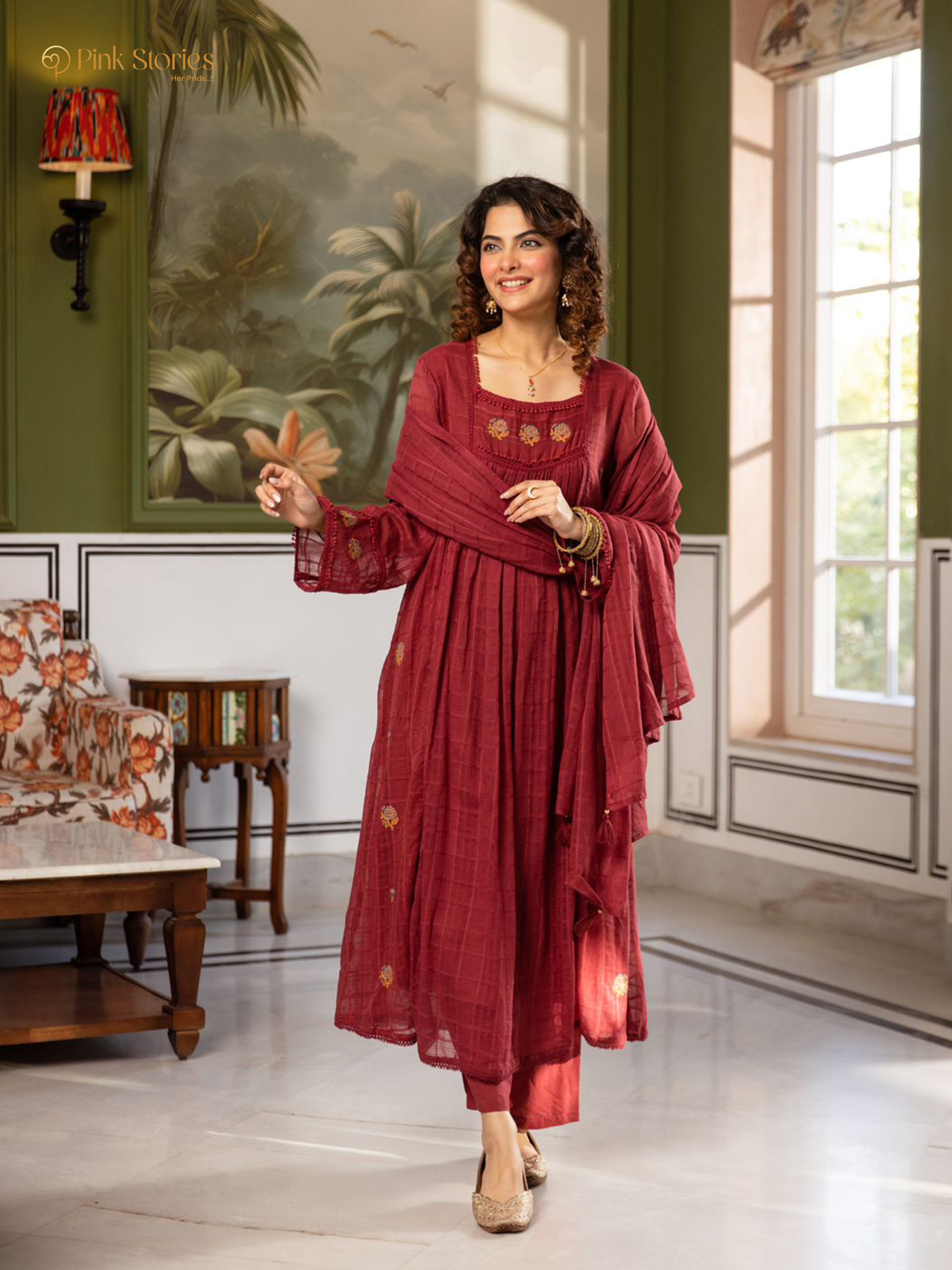 Panelled mul cotta 3Pc A-line anarakali- dusty maroon