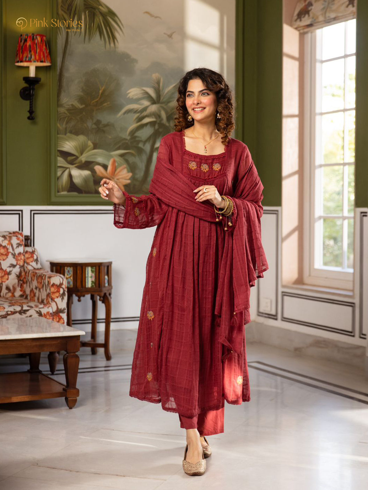 Panelled mul cotta 3Pc A-line anarakali- dusty maroon