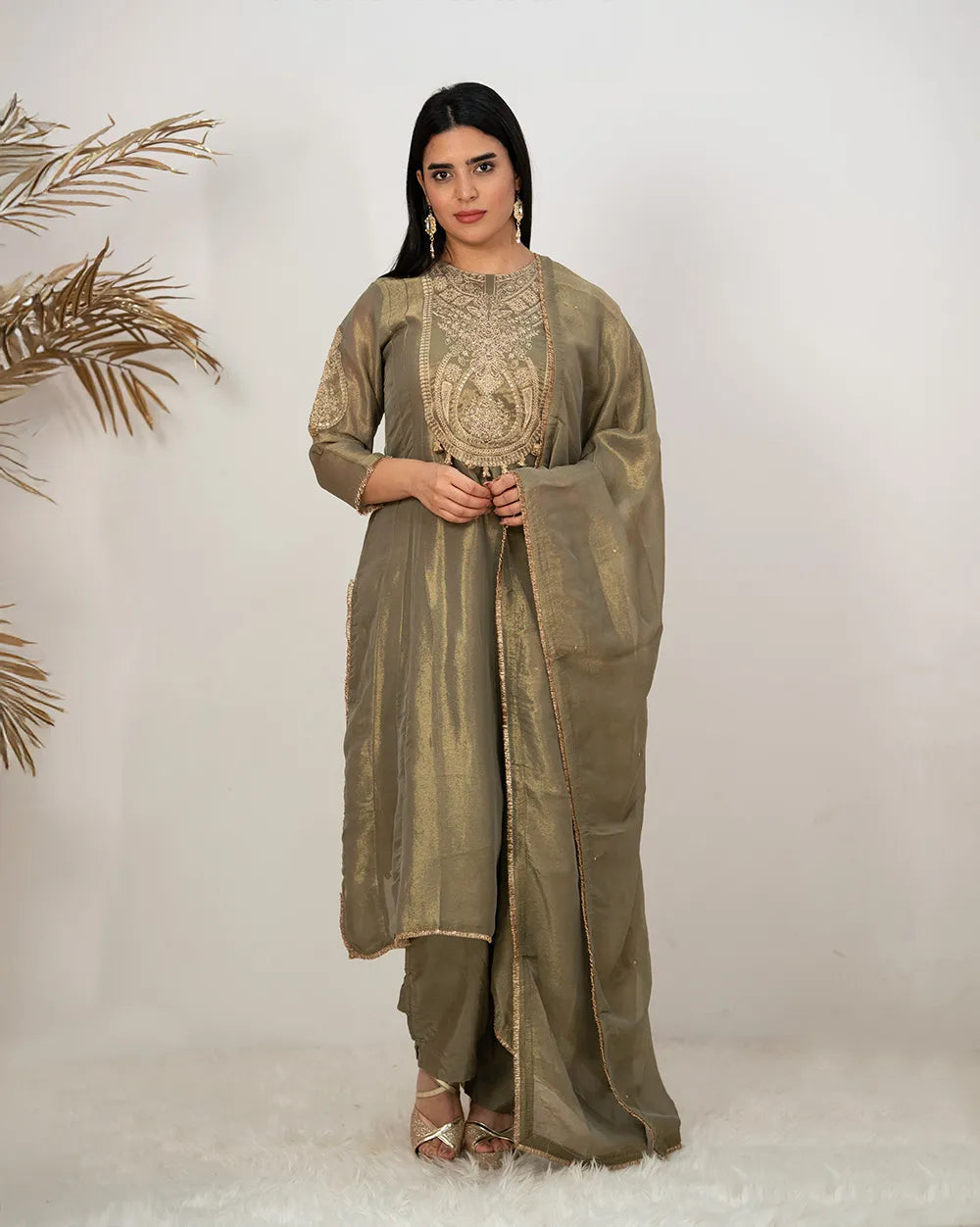 Tissue silk panelled salwar suit with embroidery- olive grey