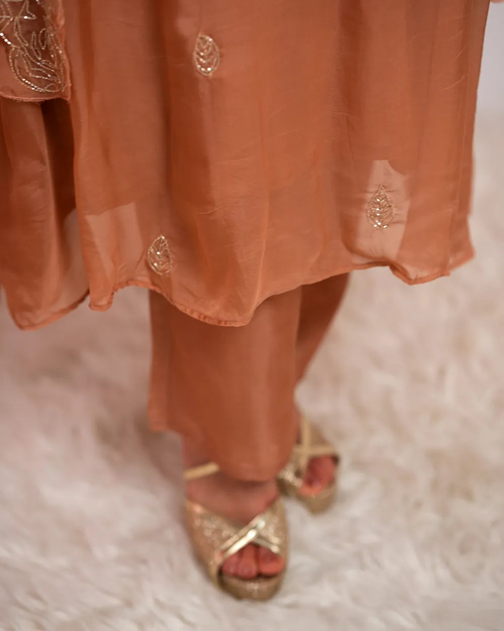 Handworked A-line organza suit- peach shade