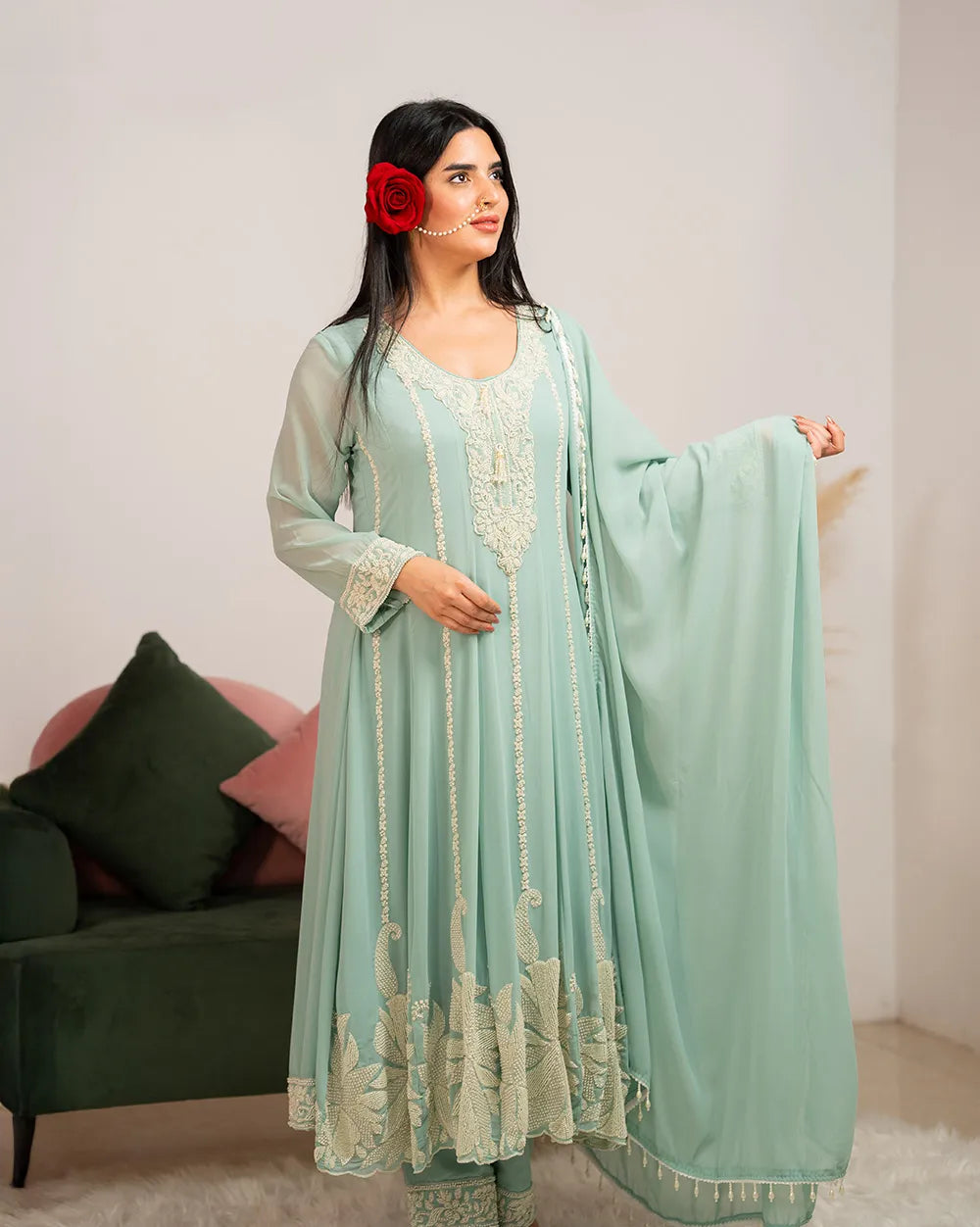Heavy handworked anarkali- light cyan