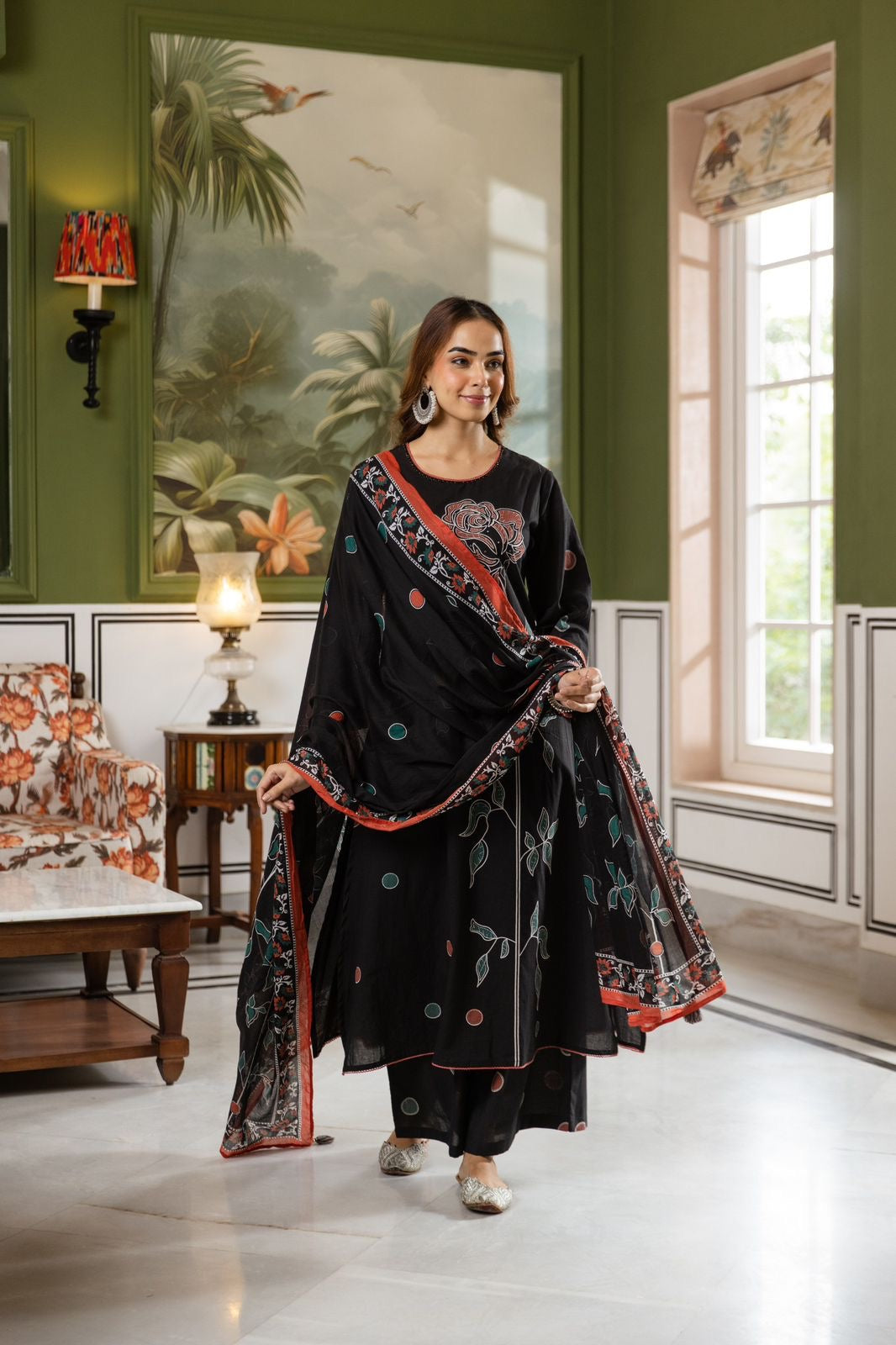 Digital print cotton salwar suit- Black
