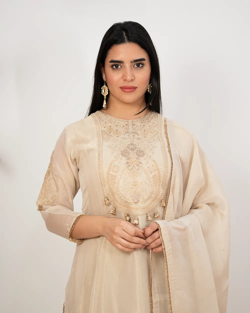 Tissue silk panelled salwar suit with embroidery- beige