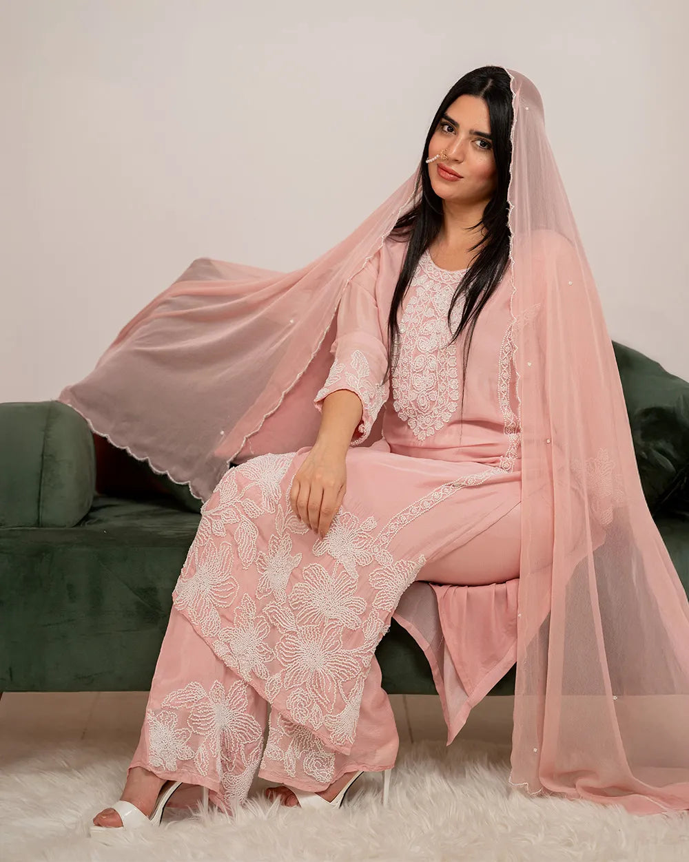 Heavy handworked long salwar suit- baby pink