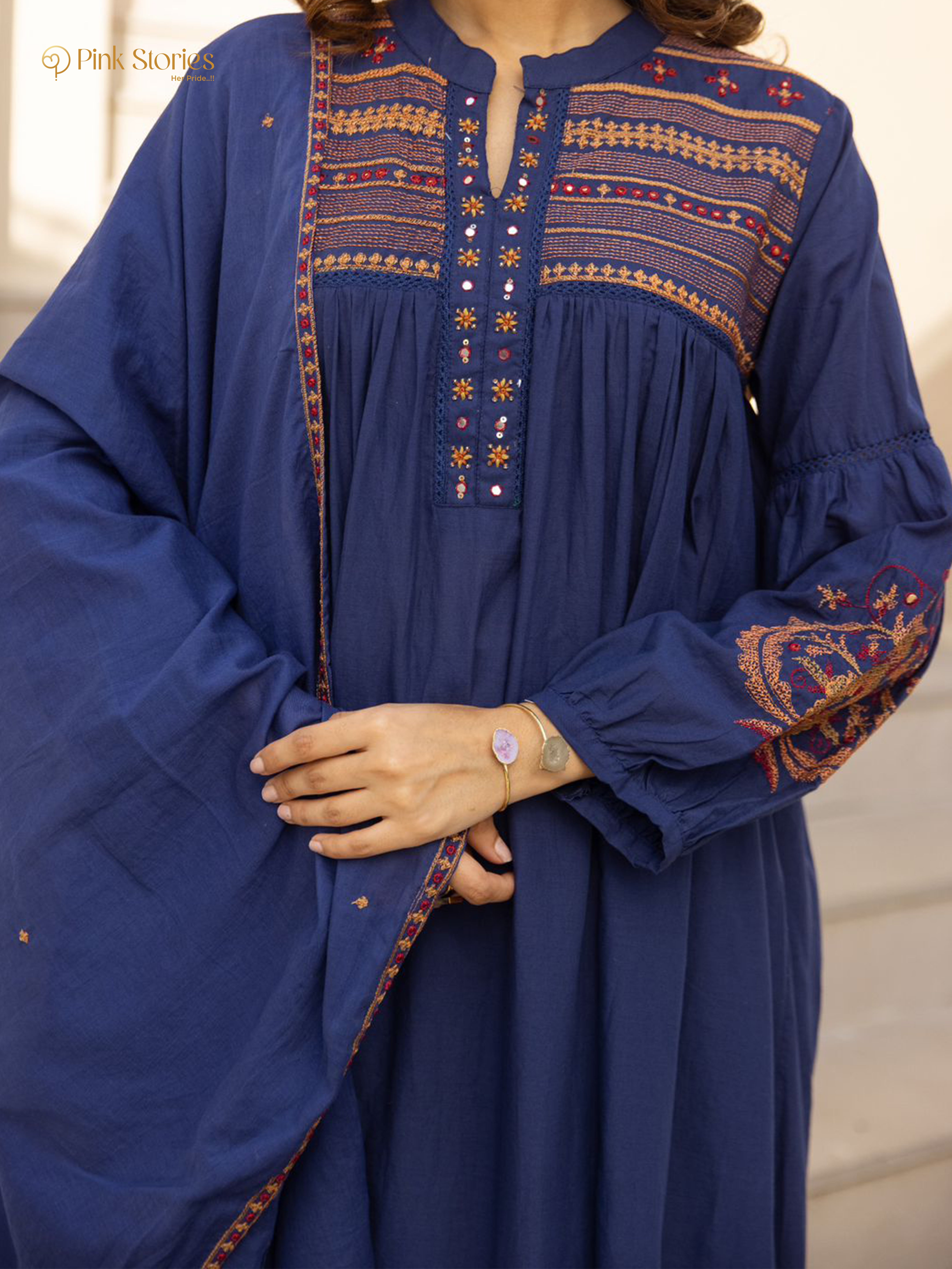 Embroidered 3Pc cotton semi anarkali- royal blue