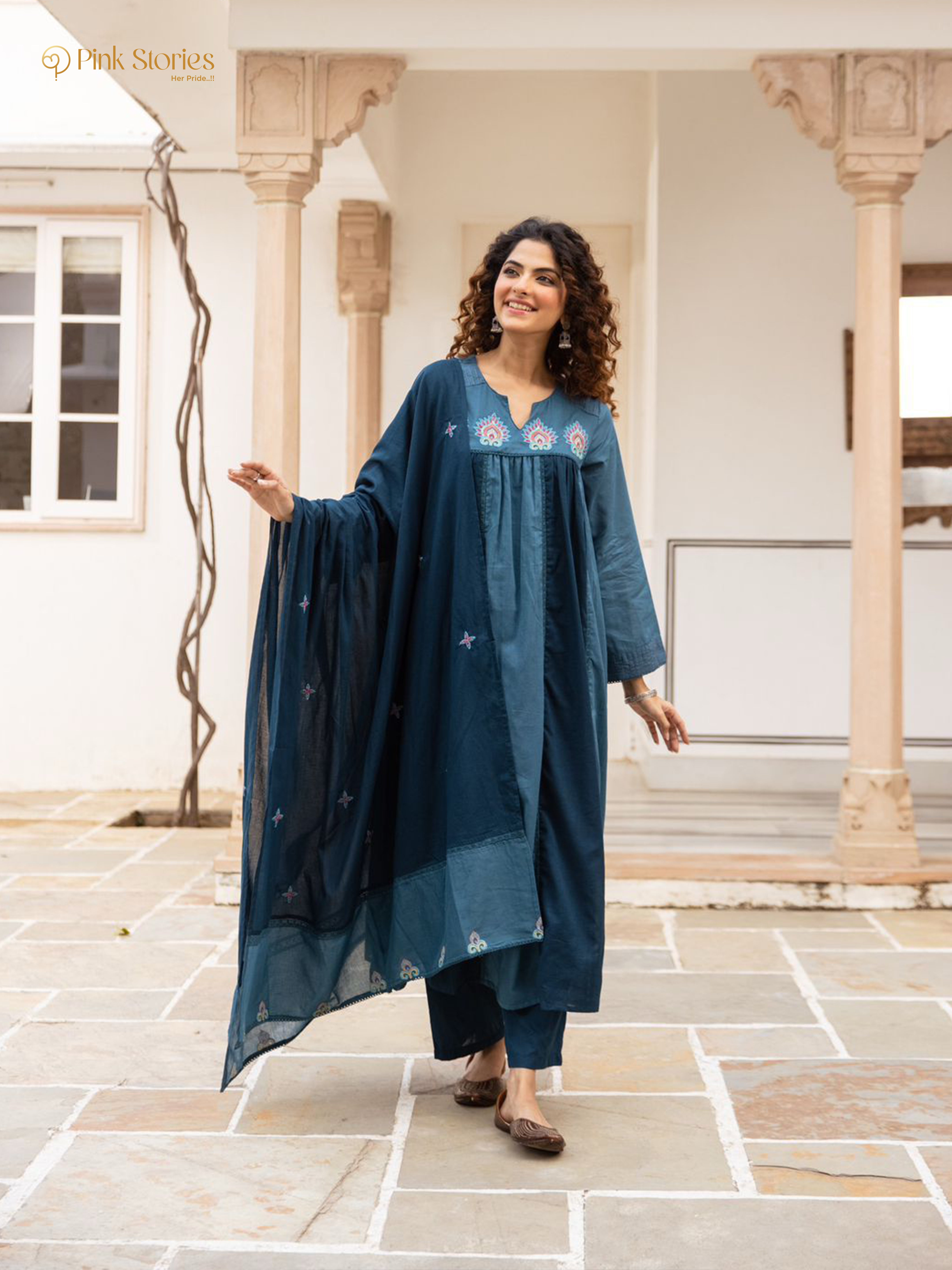 Double-Shaded Panelled Cut Anarkali – Teal Blue
