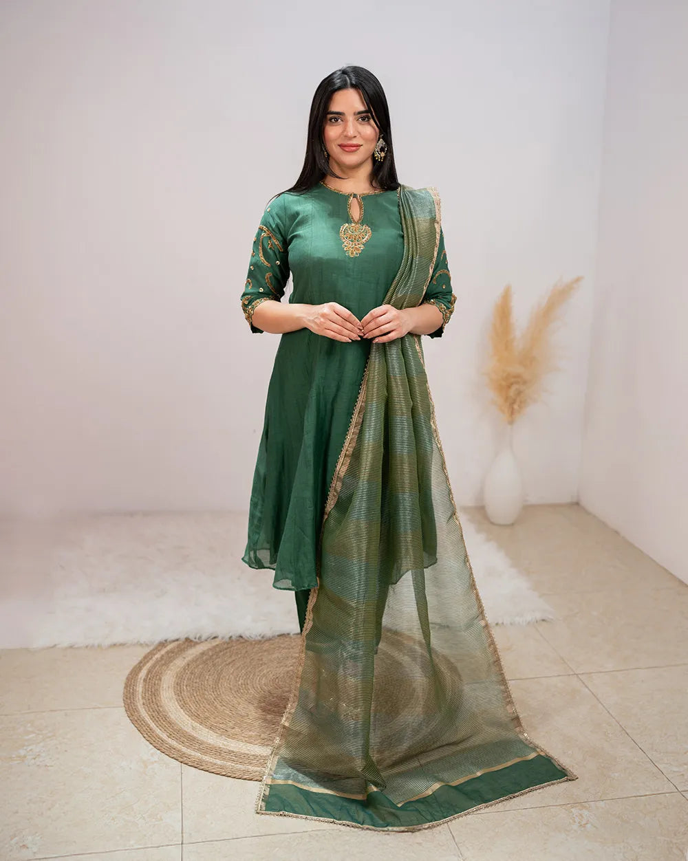 Handworked A-line panelled suit- green