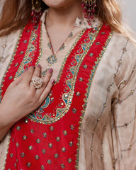 Ombre shaded crepe silk 2pc indo-western kaftan-red & cream