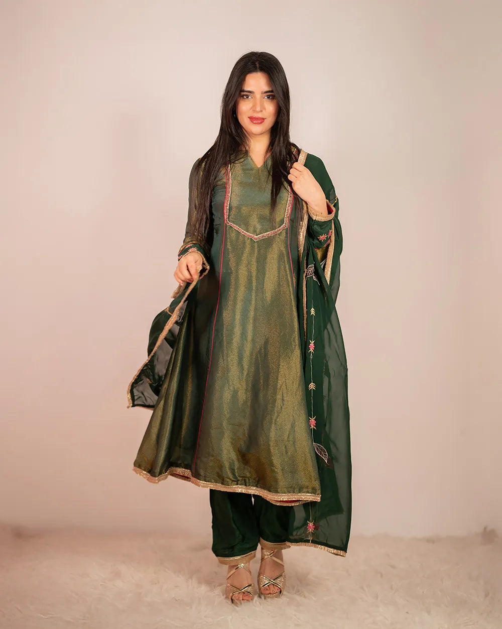 Tissue silk A-line Suit- green
